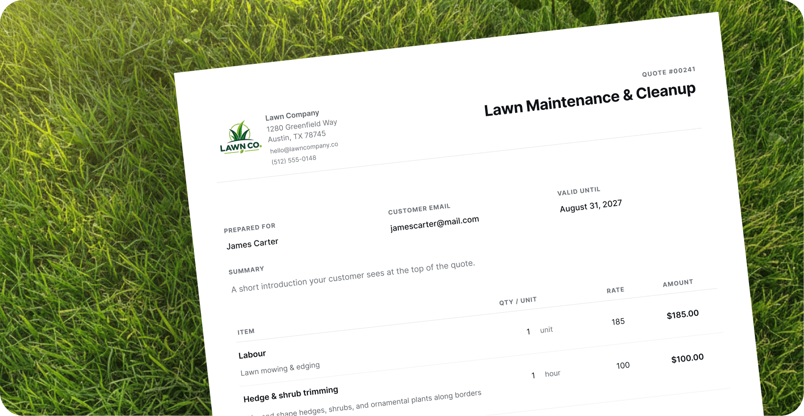 A finished quote made with QuoteGlide (Lawn Maintenance & Cleanup, with line items and total) lying on freshly cut grass